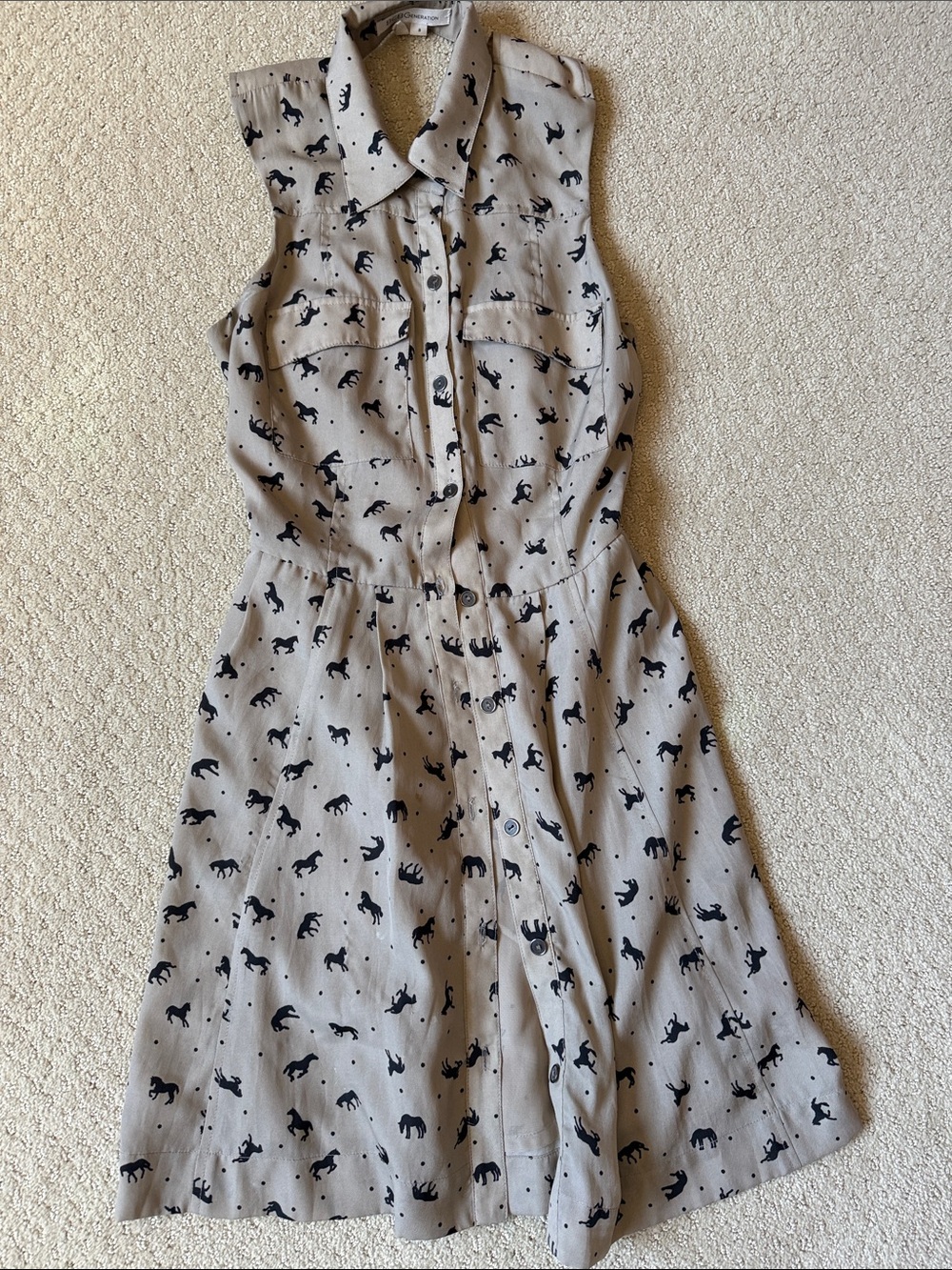 Sleeveless Button-Front Beige Dress with Black horse  Print